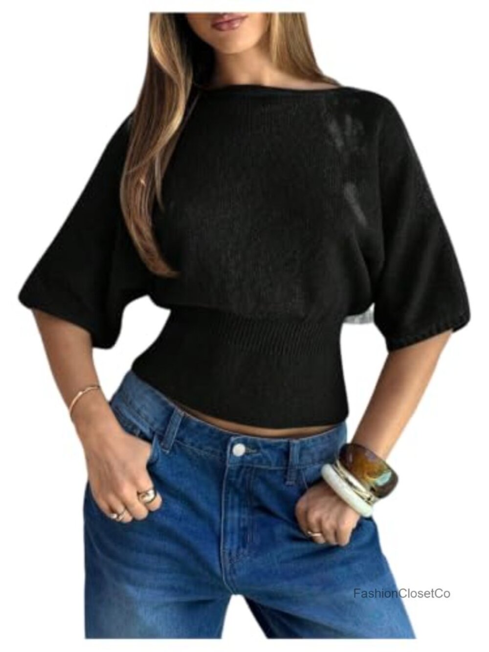 Women's Bat Wing Sweater Boat Neck Half Sleeve Cinched Waist Knit Pullover
